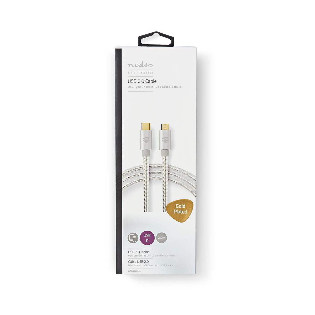 USB cable | USB 2.0 | USB-C™ Male | USB Micro-B Male | 10 W| 480 Mbps | Gold Plated | 2.00 m | Round | Braided / Nylon | Aluminum | Carton with covered window