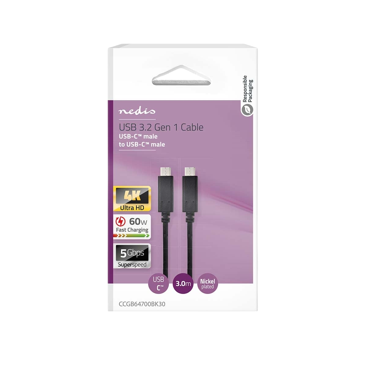 USB cable | USB 3.2 Gen 1 | USB-C™ Male | USB-C™ Male | 60 W | 4K@60Hz | 5 Gbps | Nickel Plated | 3.00 m | Round | PVC | Black | Box