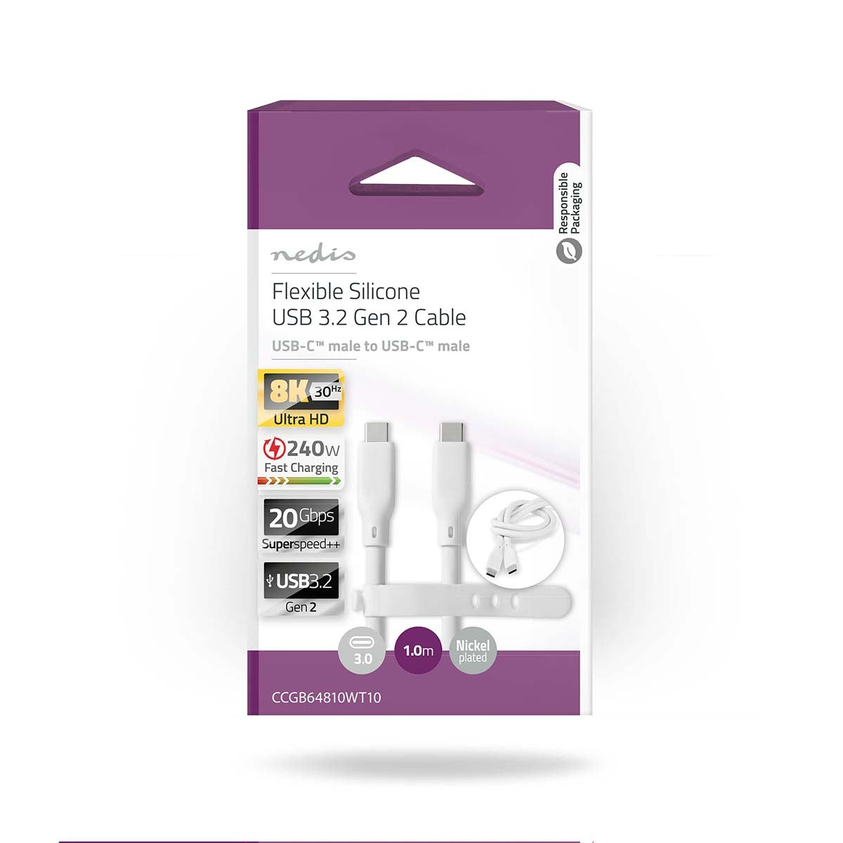 USB cable | USB 3.2 Gen 2 | USB-C™ Male | USB-C™ Male | 240 W | 8K@30Hz | 20 Gbps | Nickel Plated | 1.00 m | Round | Silicone | White | Box