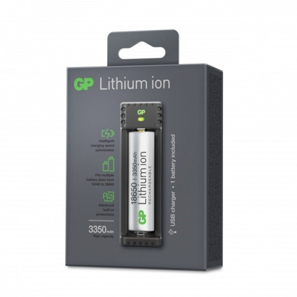 USB charger GP for li-ion 18650 /18500 / 26650 / 10440 / 14500 incl 1x 18650 3350mah
