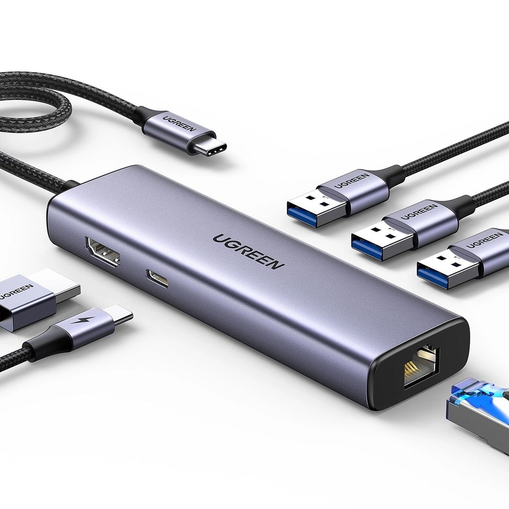 Ugreen 6-in-1 USB-C to 3x USB-A 3.0 / HDMI / RJ45 / USB-C PD - Gray