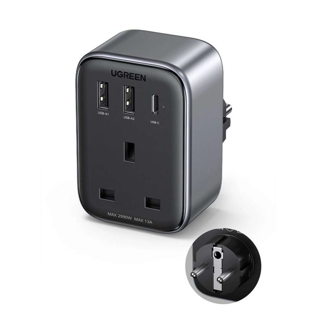 Ugreen wall charger / adapter 2x USB-A, 1x USB-C, 30W, EU to UK plug 13A - Black