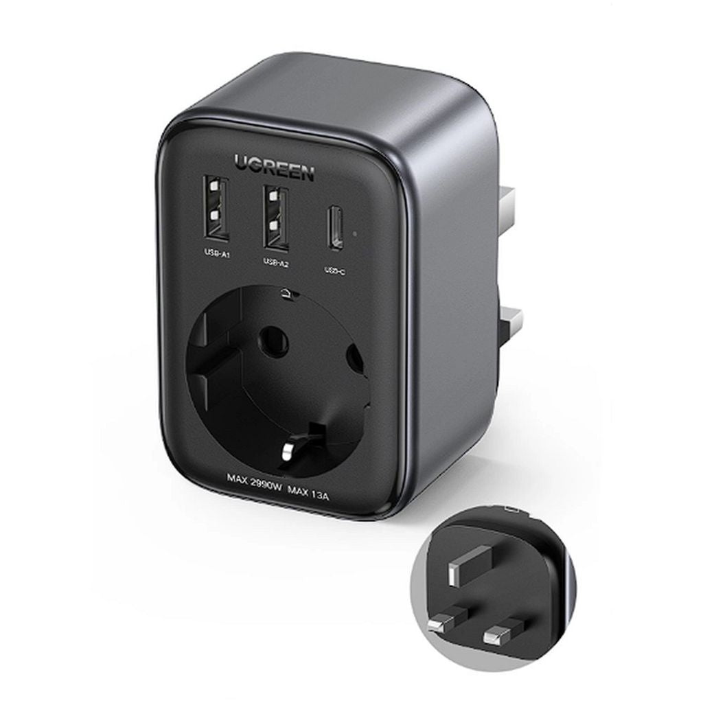 Ugreen wall charger / adapter 2x USB-A, 1xUSB-C, 30W, UK to EU plug 13A - Black