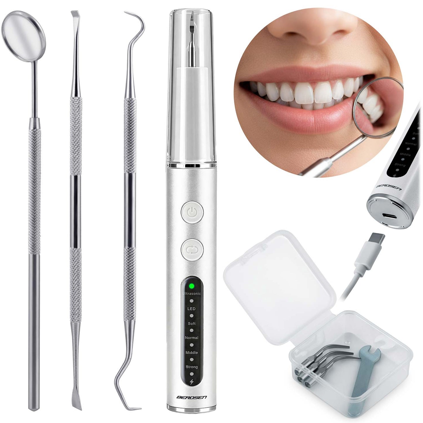 Ultrasonic Dental Scaler, 4 Modes, LED Light, 4 Heads
