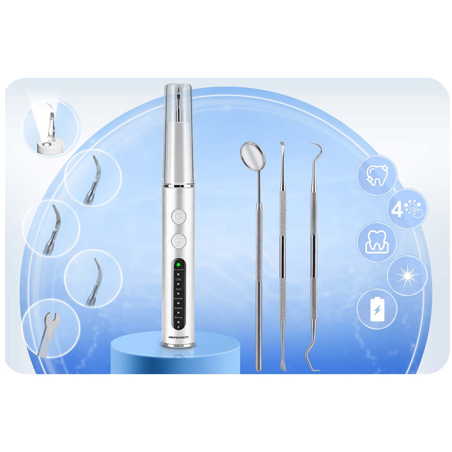 Ultrasonic Dental Scaler, 4 Modes, LED Light, 4 Heads