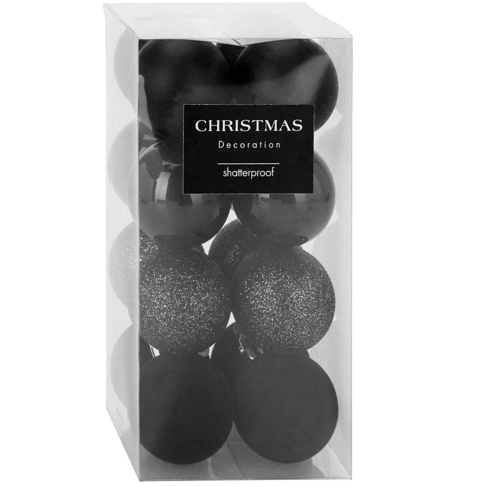 Unbreakable Black Christmas Baubles, 5 cm, Set of 16