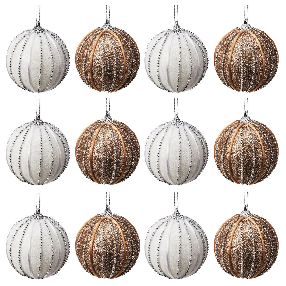 Unbreakable Christmas Baubles, White & Champagne, 8cm, 12-Pack