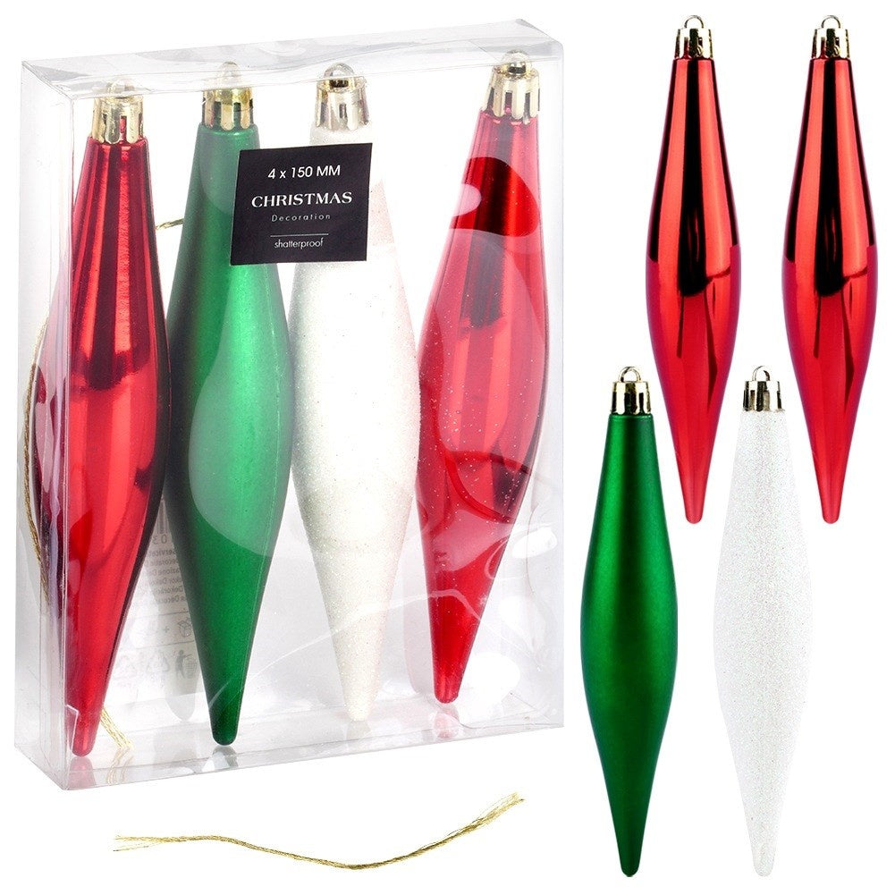 Unbreakable Christmas baubles icicles red green white 15 cm 4 pcs.