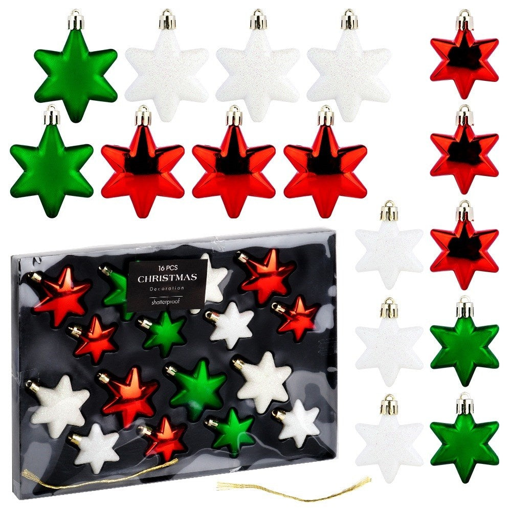 Unbreakable Christmas baubles stars red green white 6/5 cm 16 pcs.