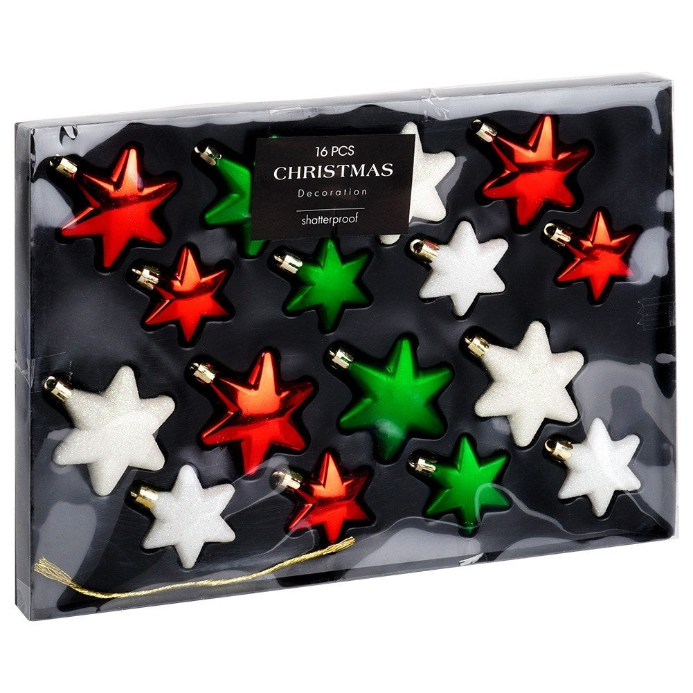 Unbreakable Christmas baubles stars red green white 6/5 cm 16 pcs.