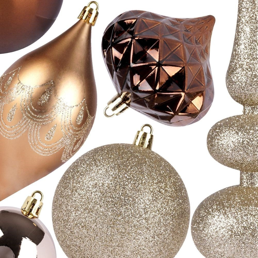 Unbreakable Christmas tree balls in gold and amber, 19-pack