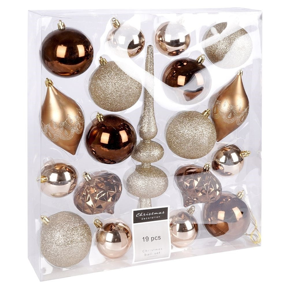 Unbreakable Christmas tree balls in gold and amber, 19-pack