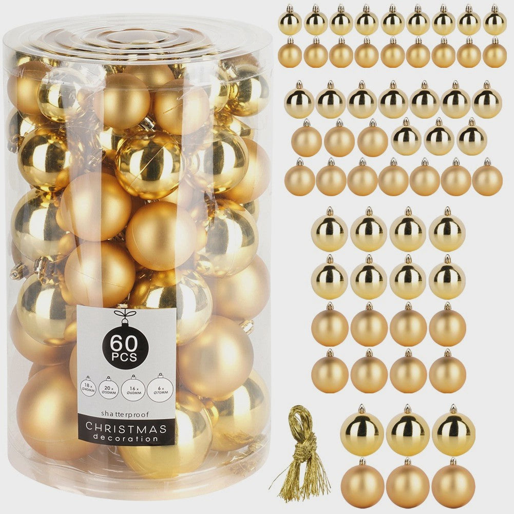 Unbreakable Gold Christmas Baubles Set, 60 Pcs, 4-7 cm