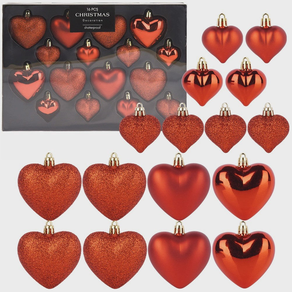 Unbreakable Red Heart Christmas Baubles, 4.5/8 cm, 16 pcs