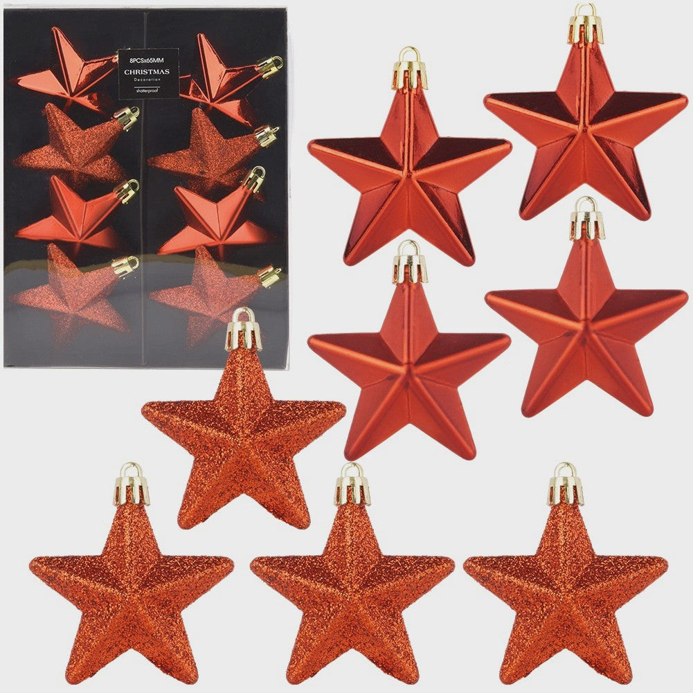 Unbreakable Red Star Christmas Baubles, 6.5 cm, Set of 8