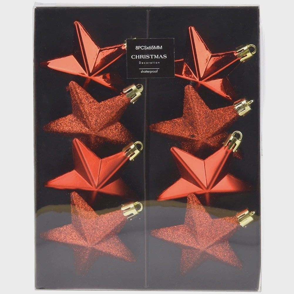 Unbreakable Red Star Christmas Baubles, 6.5 cm, Set of 8