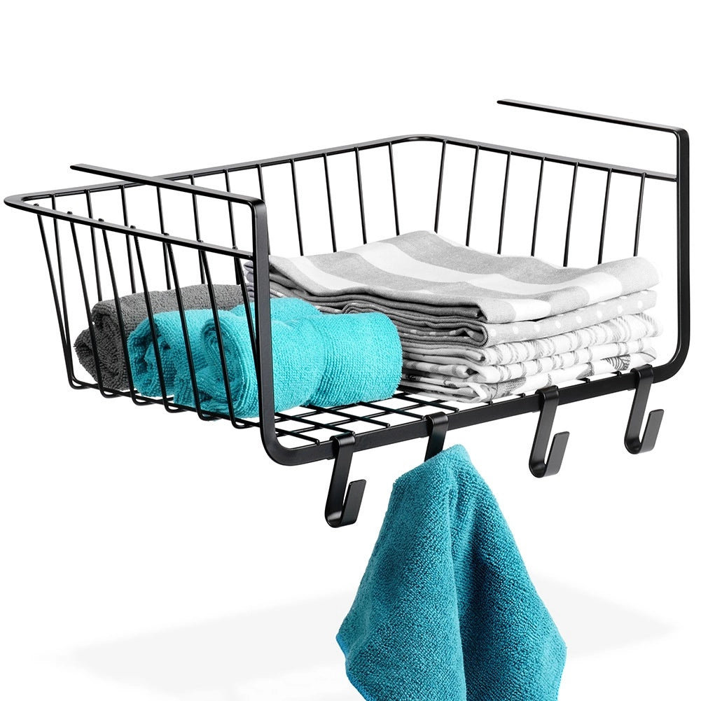 Under Shelf Metal Storage Basket with Hooks, Black 40.5x26x16 cm
