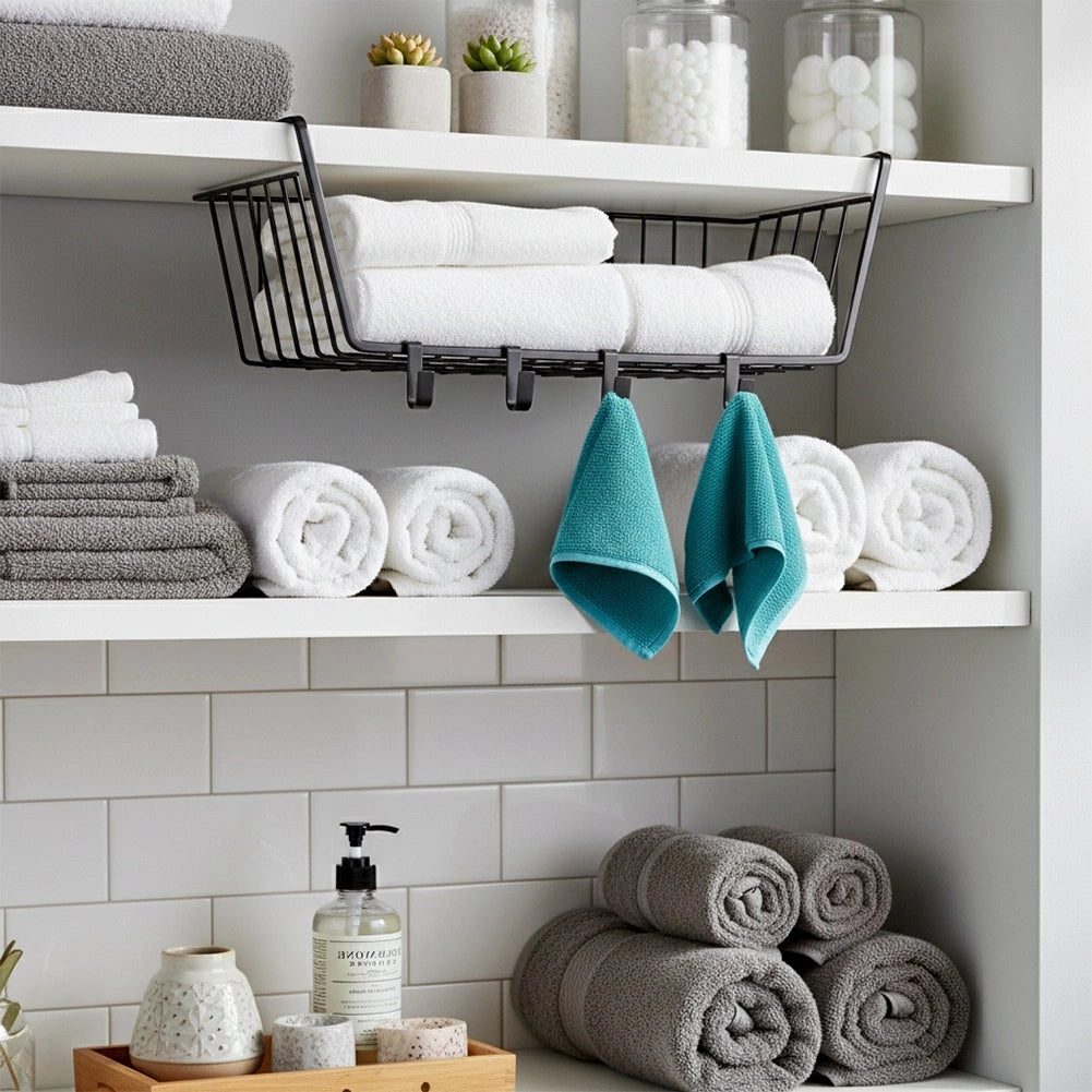 Under Shelf Metal Storage Basket with Hooks, Black 40.5x26x16 cm