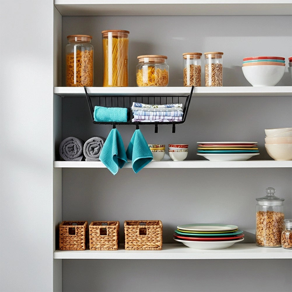 Under Shelf Metal Storage Basket with Hooks, Black 40.5x26x16 cm