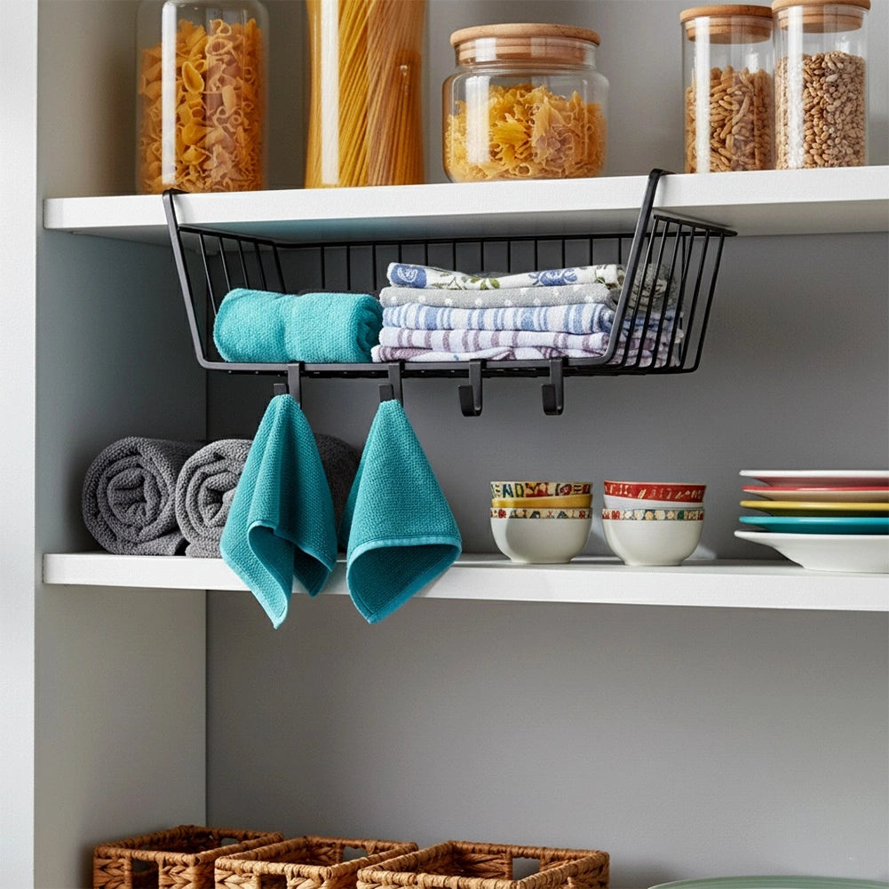 Under Shelf Metal Storage Basket with Hooks, Black 40.5x26x16 cm