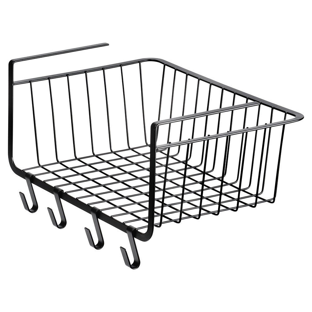 Under Shelf Metal Storage Basket with Hooks, Black 40.5x26x16 cm