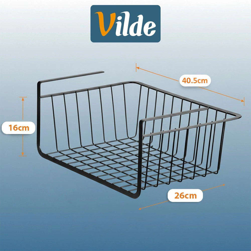 Under Shelf Metal Storage Basket with Hooks, Black 40.5x26x16 cm