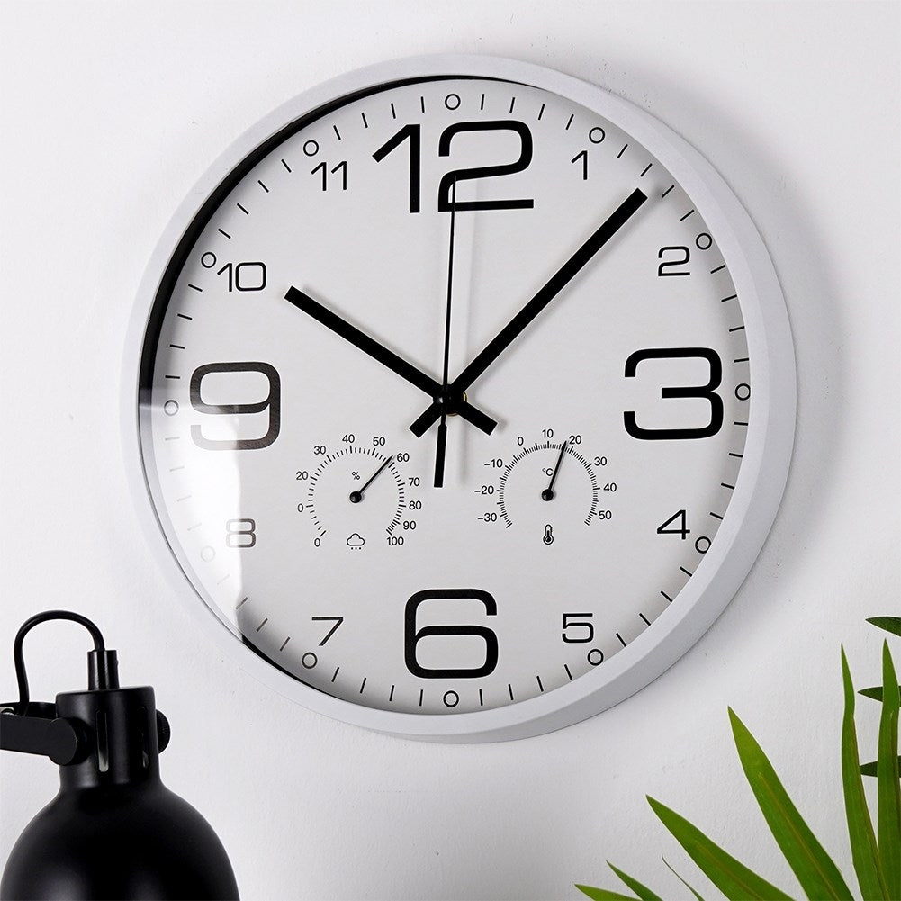 Unique 30 cm wall clock with thermometer and hygrometer