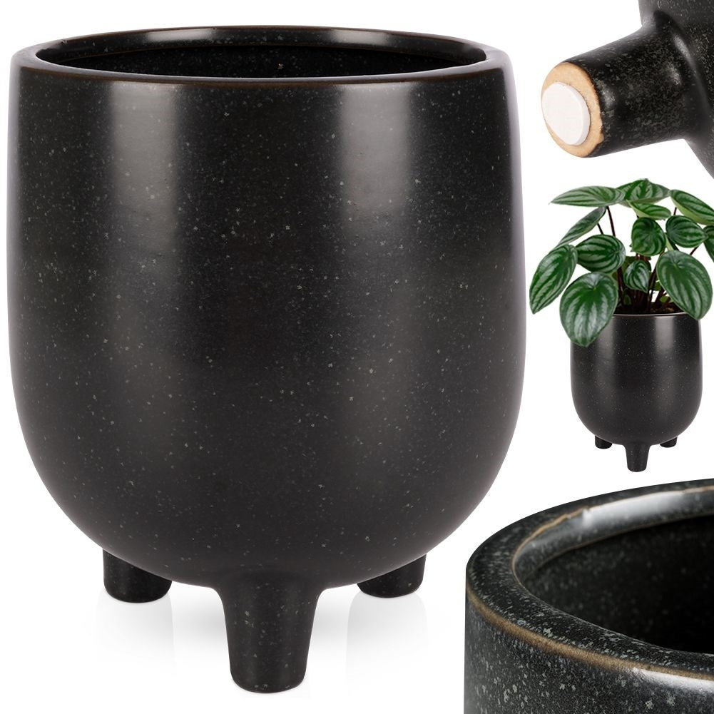 Unique black ceramic pot with legs and dots - stylish design