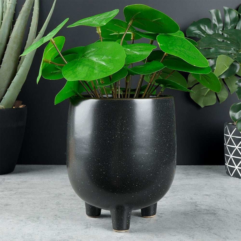 Unique black ceramic pot with legs and dots - stylish design