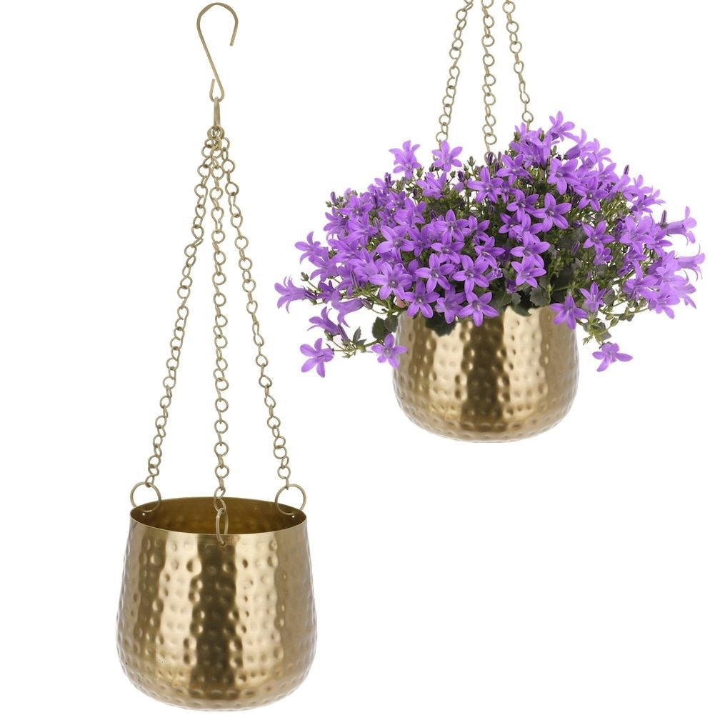 Unique hanging flower pot in gold tone, perfect for plants