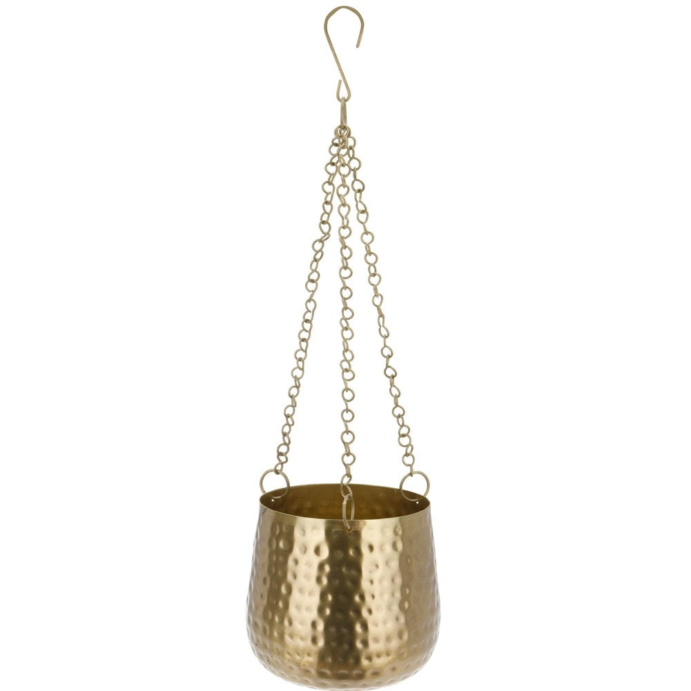 Unique hanging flower pot in gold tone, perfect for plants