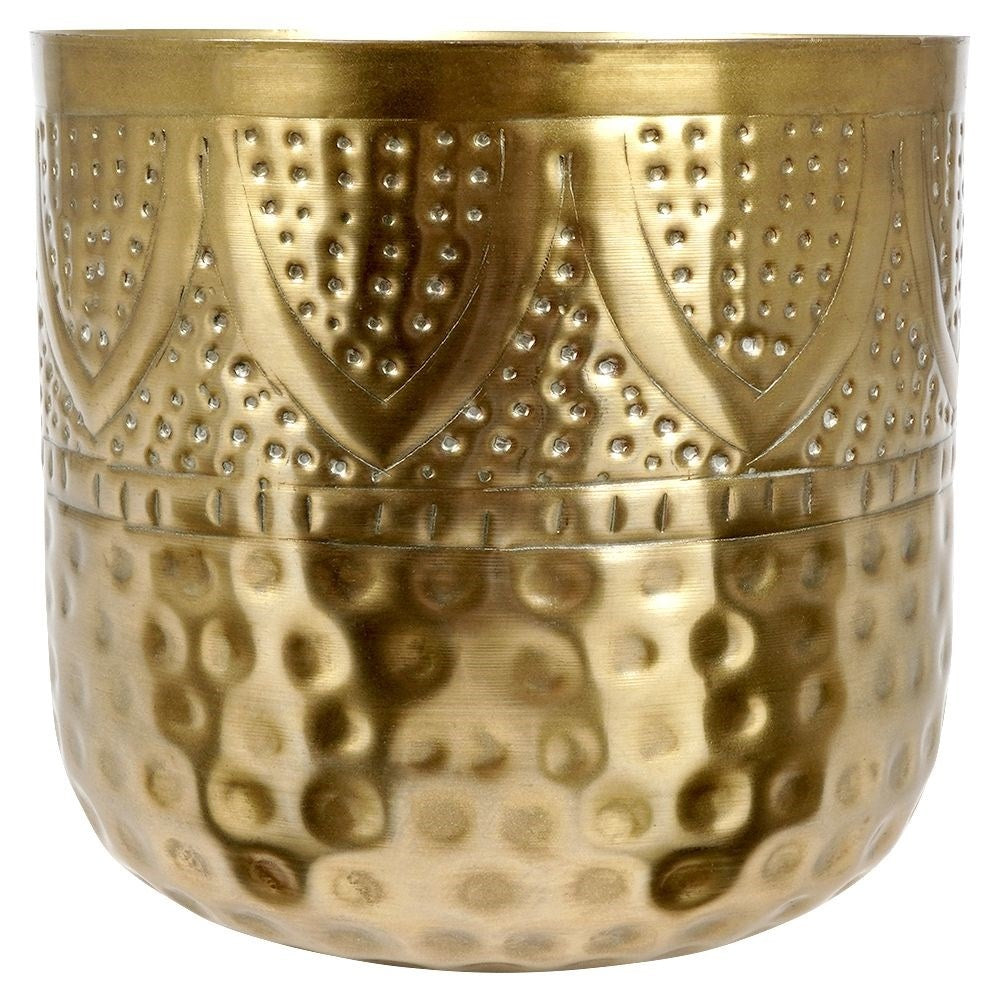 Unique plant pot in hammered brass with an eye-catching design