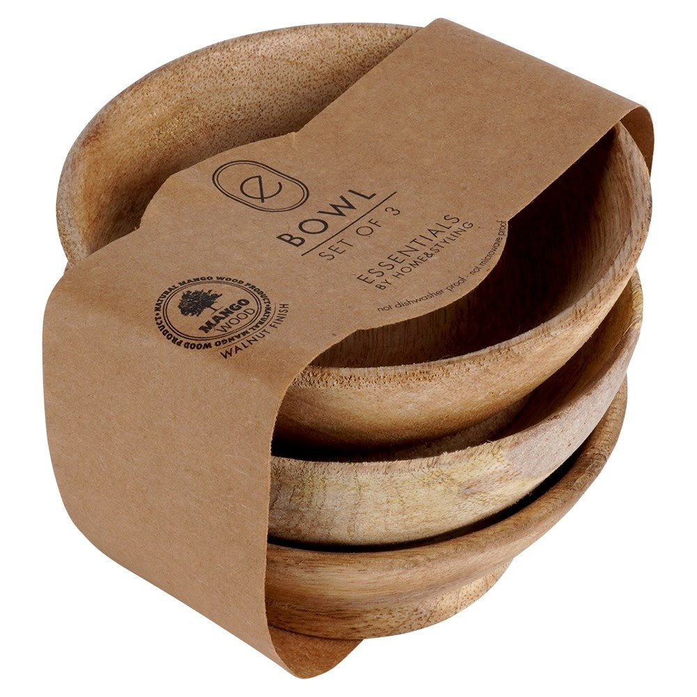 Unique set of three bowls in exotic mango wood for snacks