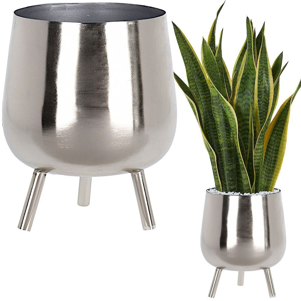 Unique, stylish pot on legs in silver-colored metal