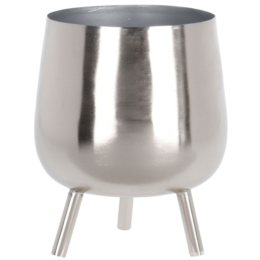 Unique, stylish pot on legs in silver-colored metal