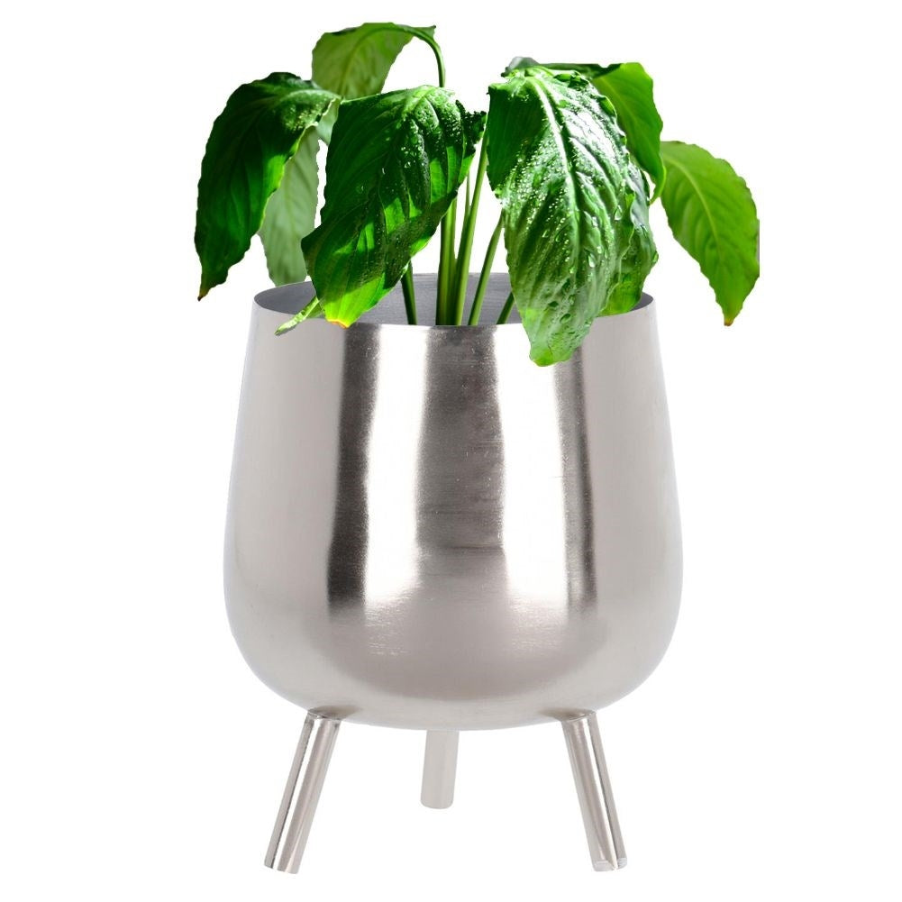 Unique, stylish pot on legs in silver-colored metal