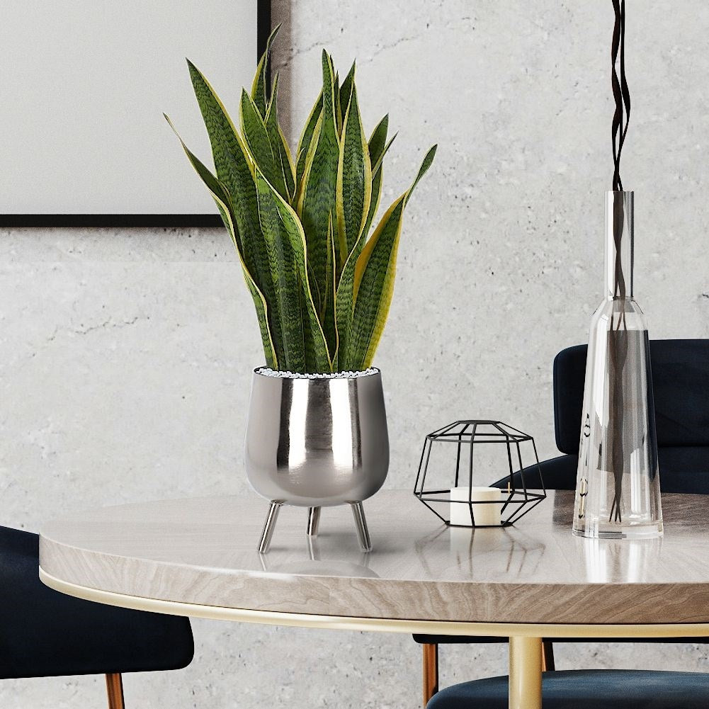 Unique, stylish pot on legs in silver-colored metal