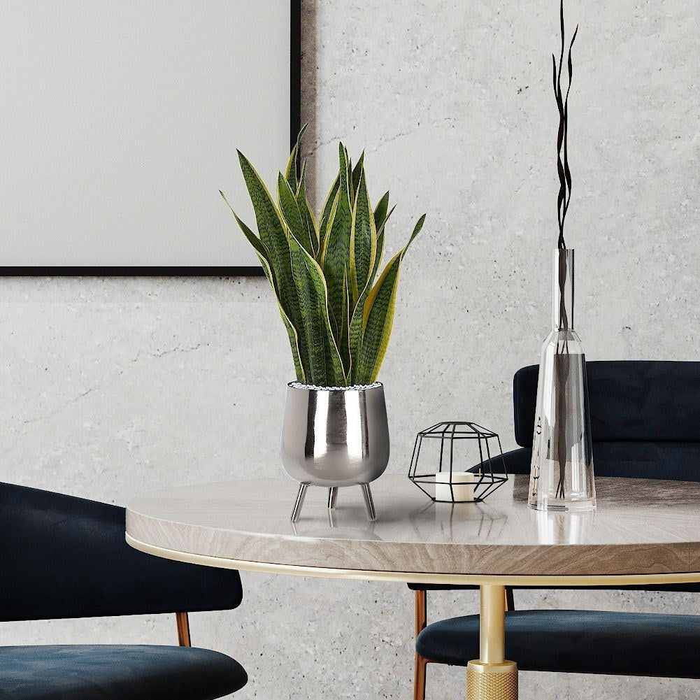 Unique, stylish pot on legs in silver-colored metal