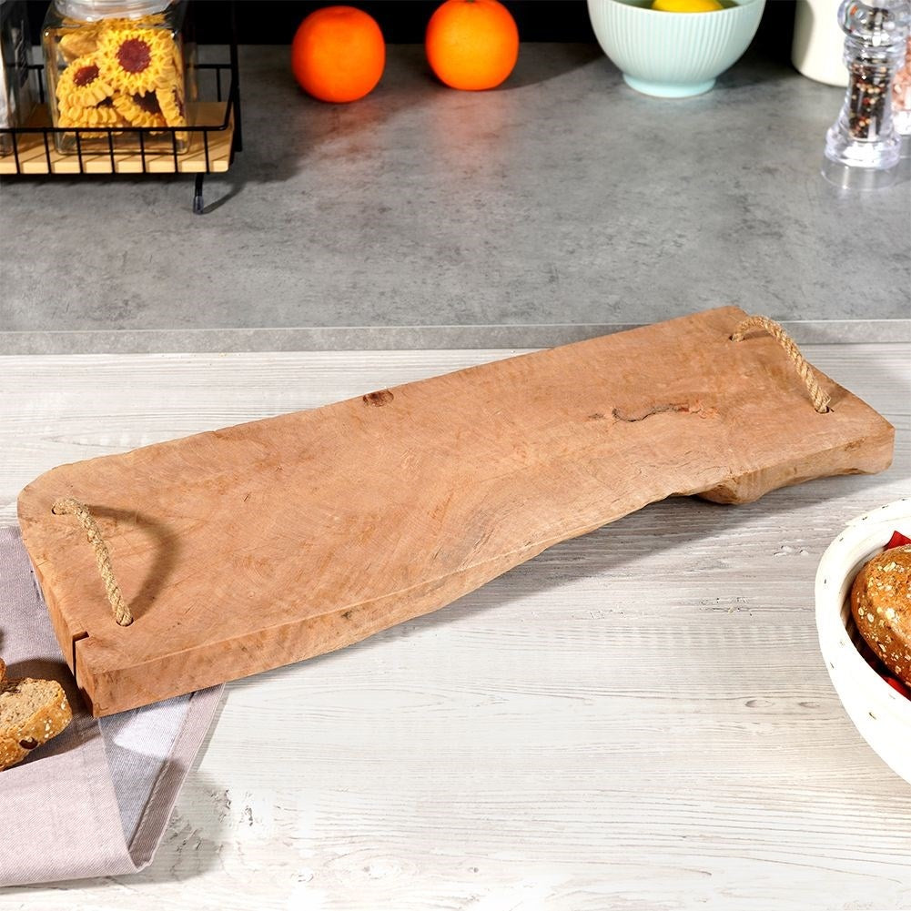 Unique wooden serving board with jute handle, cutting/serving
