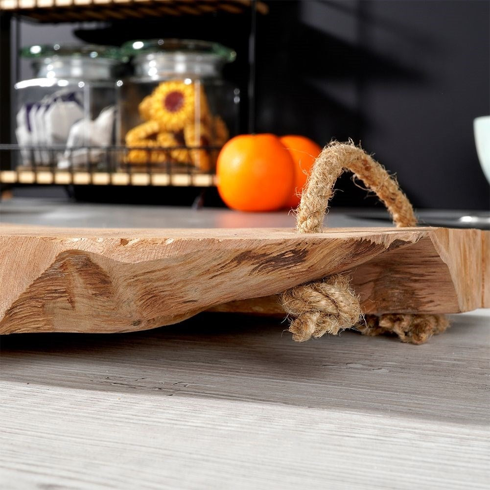 Unique wooden serving board with jute handle, cutting/serving