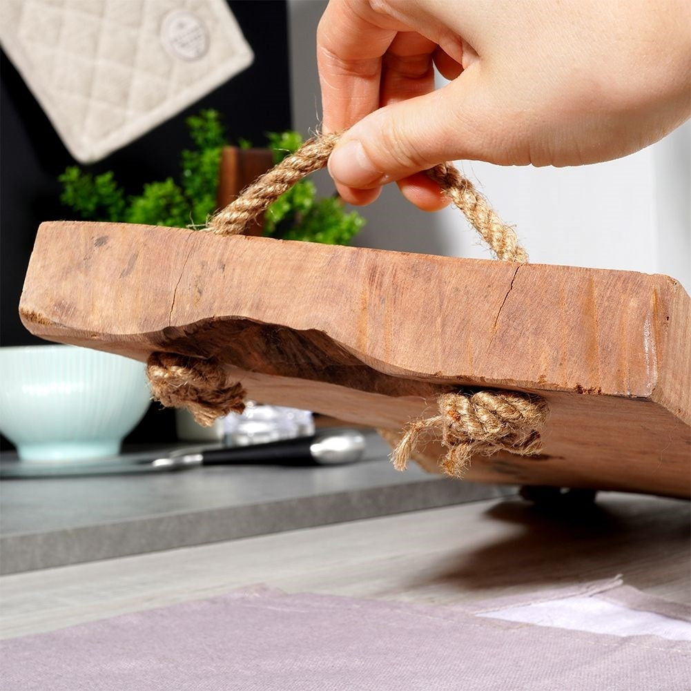 Unique wooden serving board with jute handle, cutting/serving
