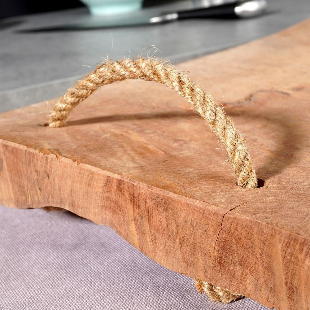 Unique wooden serving board with jute handle, cutting/serving