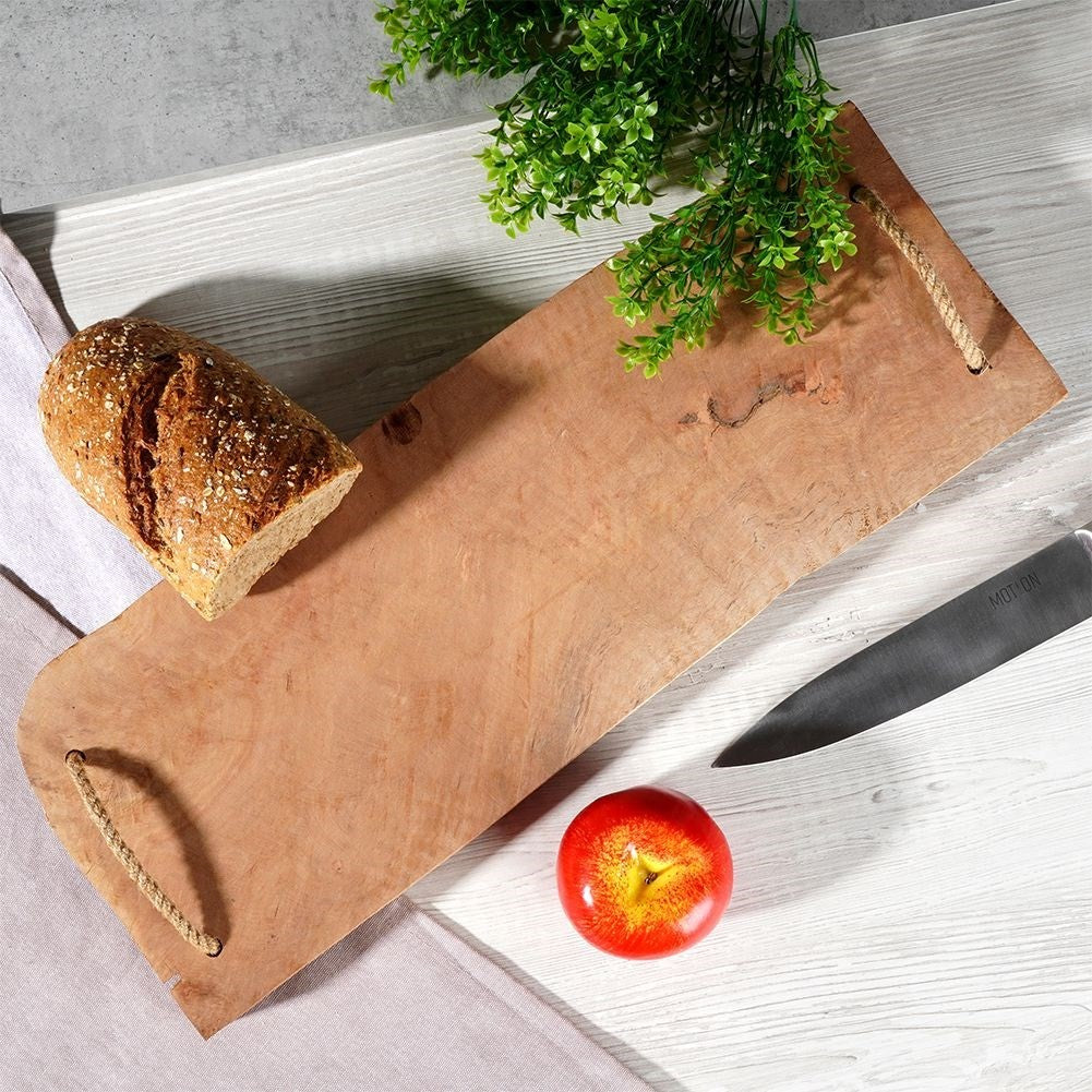 Unique wooden serving board with jute handle, cutting/serving