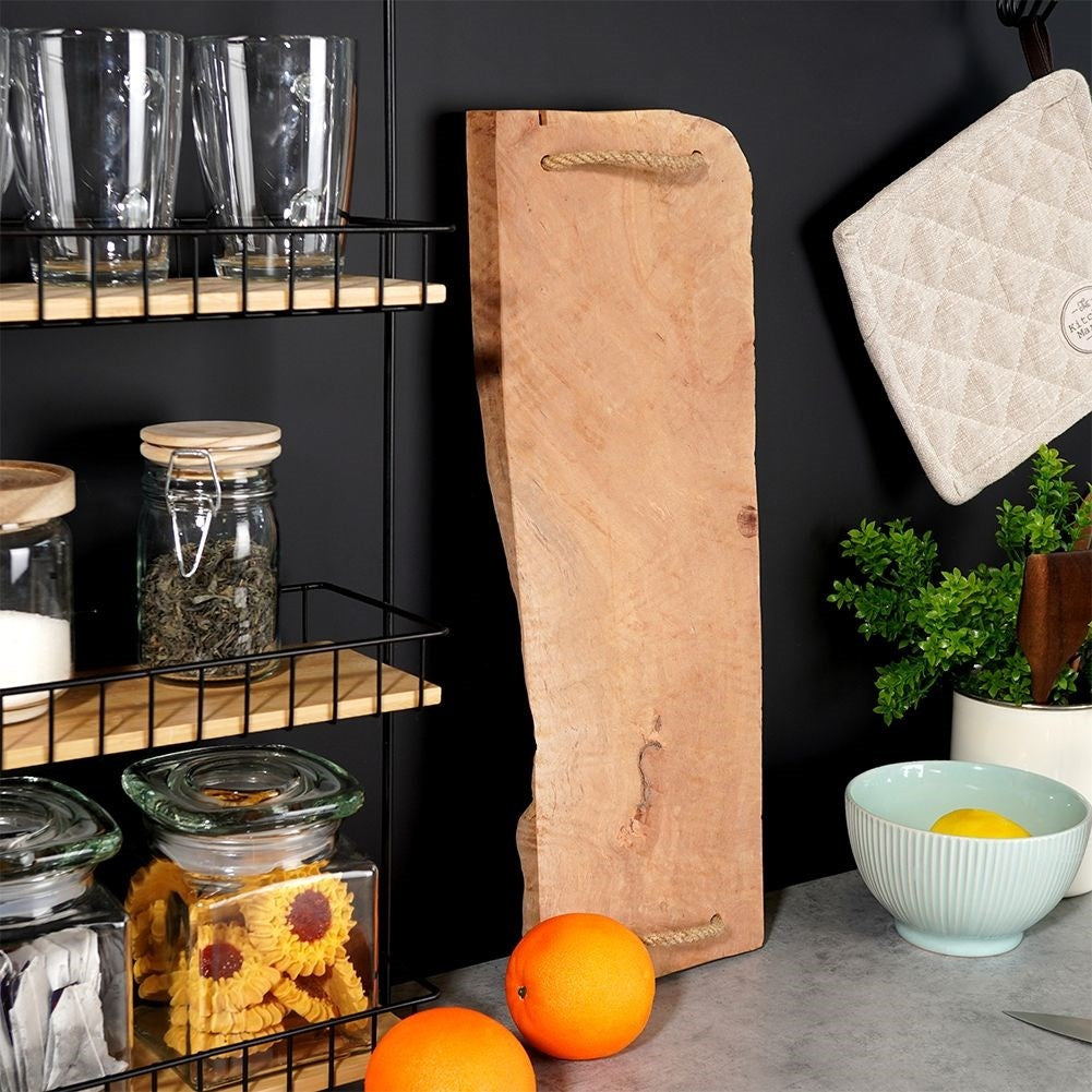 Unique wooden serving board with jute handle, cutting/serving