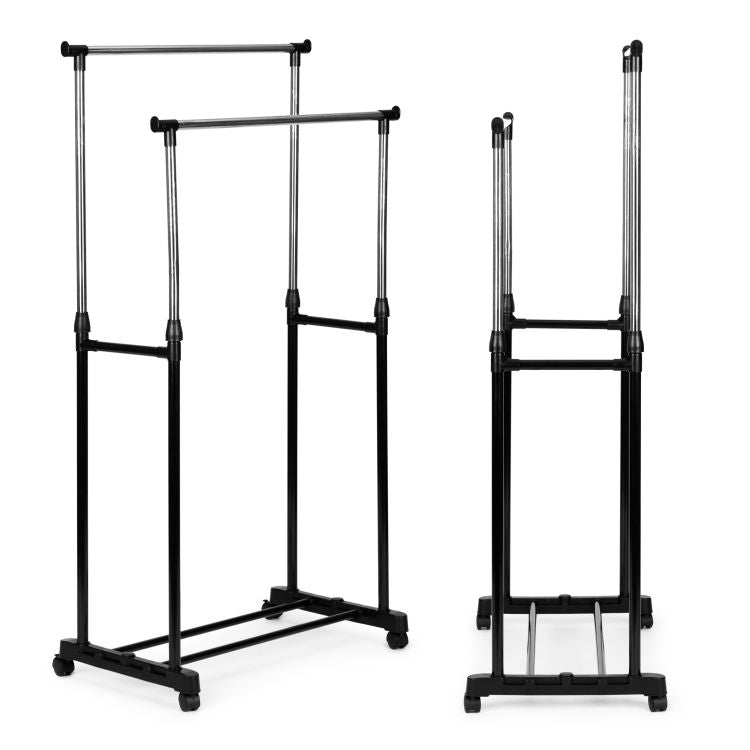 Universal Double Freestanding Clothes Rack with Adjustable Height, Wheels, 2 Rails ModernHome