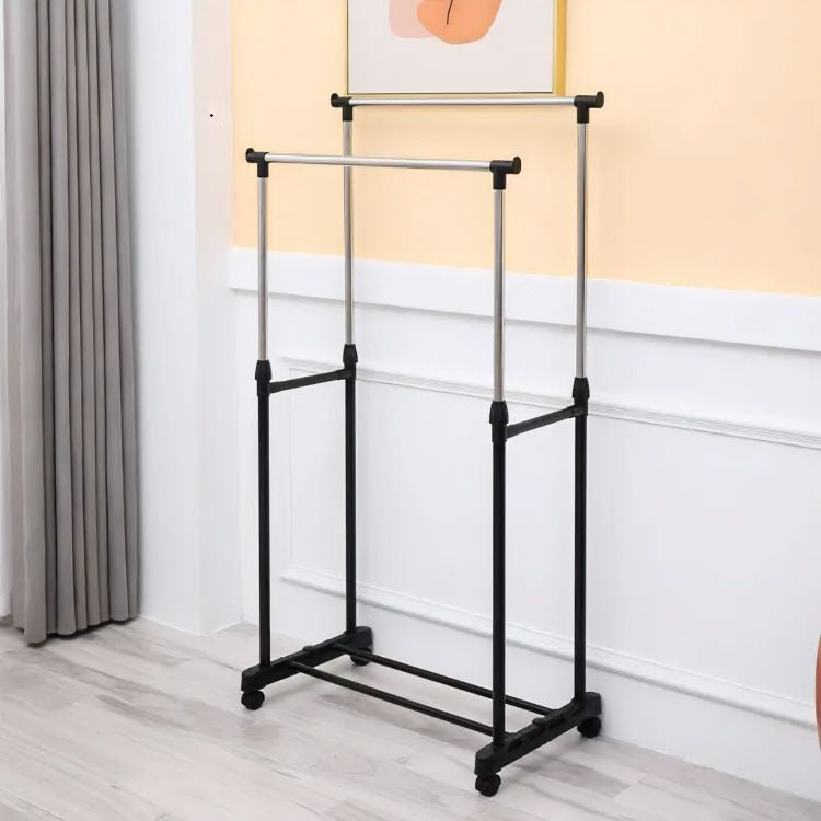 Universal Double Freestanding Clothes Rack with Adjustable Height, Wheels, 2 Rails ModernHome