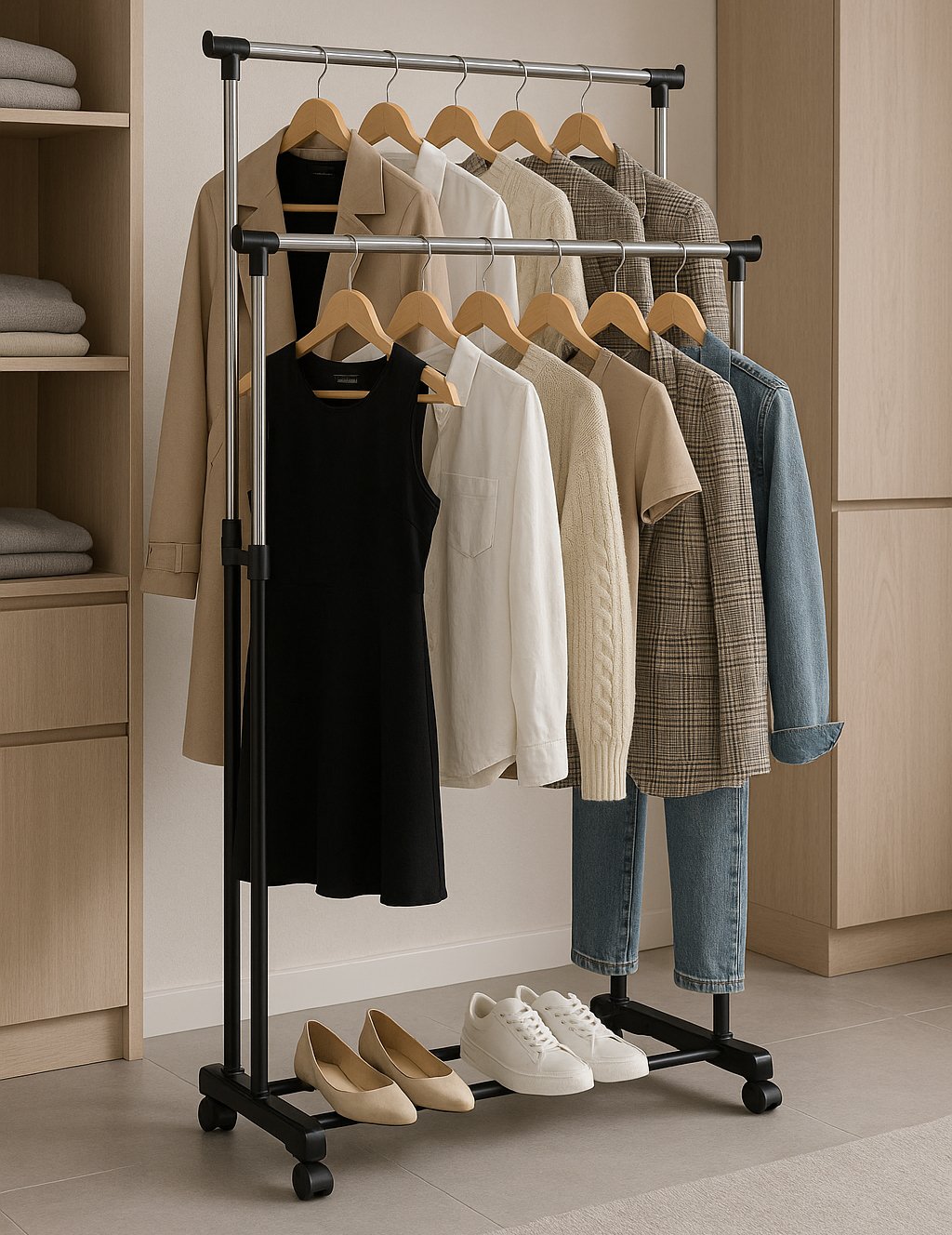 Universal Double Freestanding Clothes Rack with Adjustable Height, Wheels, 2 Rails ModernHome