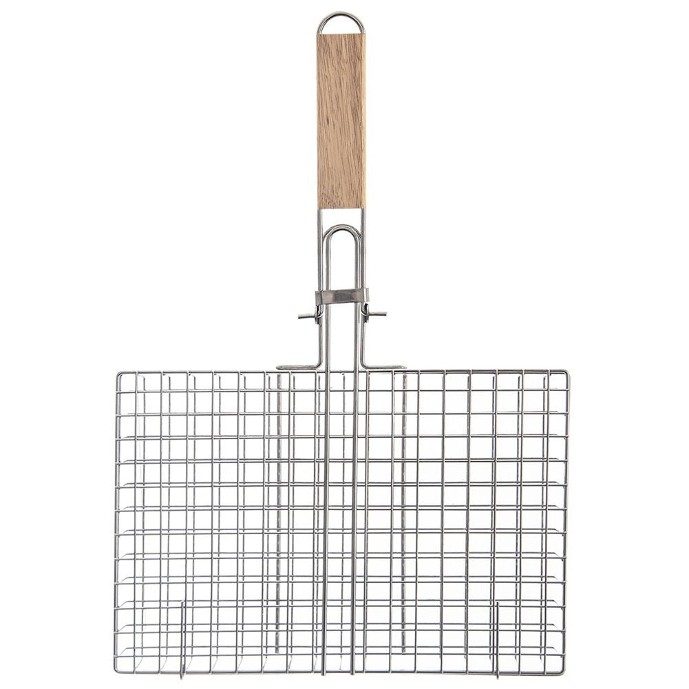 Universal barbecue basket in chromed metal with wooden handle