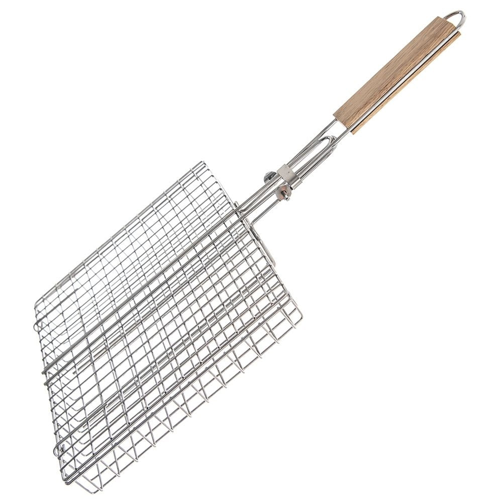 Universal barbecue basket in chromed metal with wooden handle