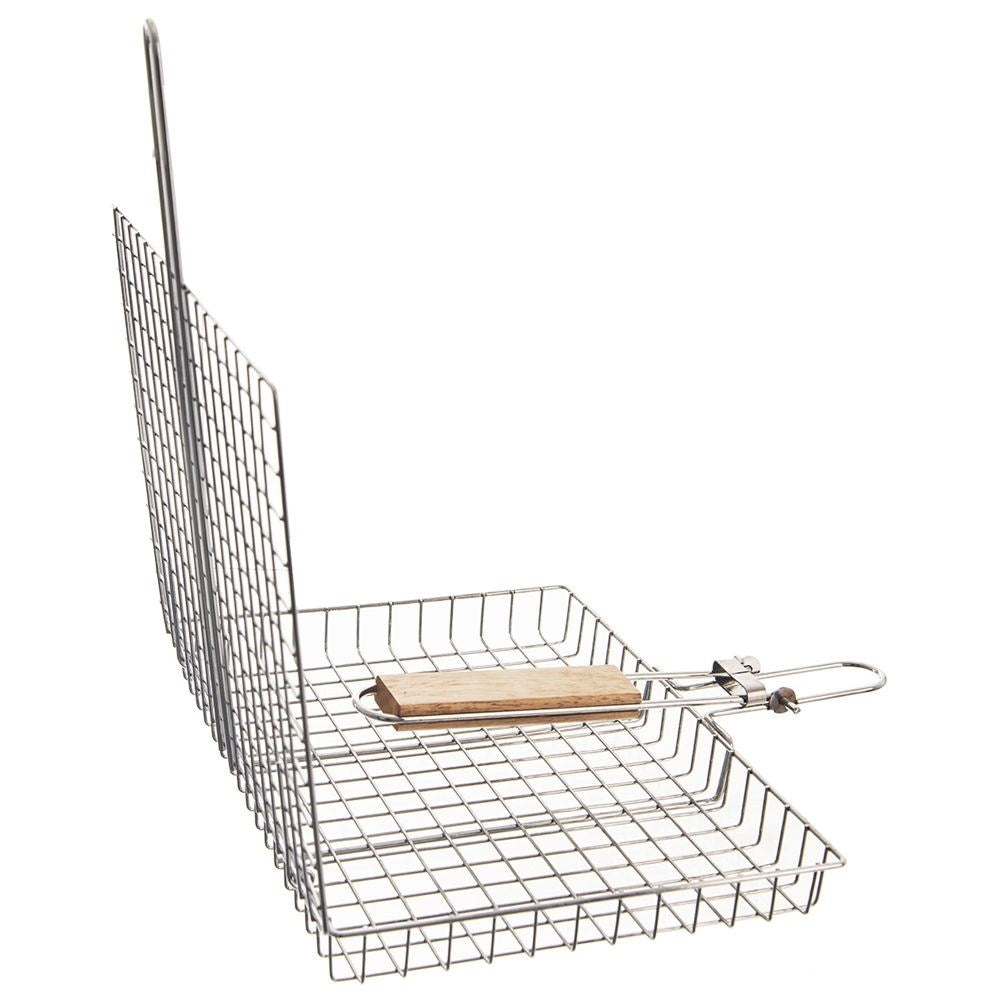 Universal barbecue basket in chromed metal with wooden handle